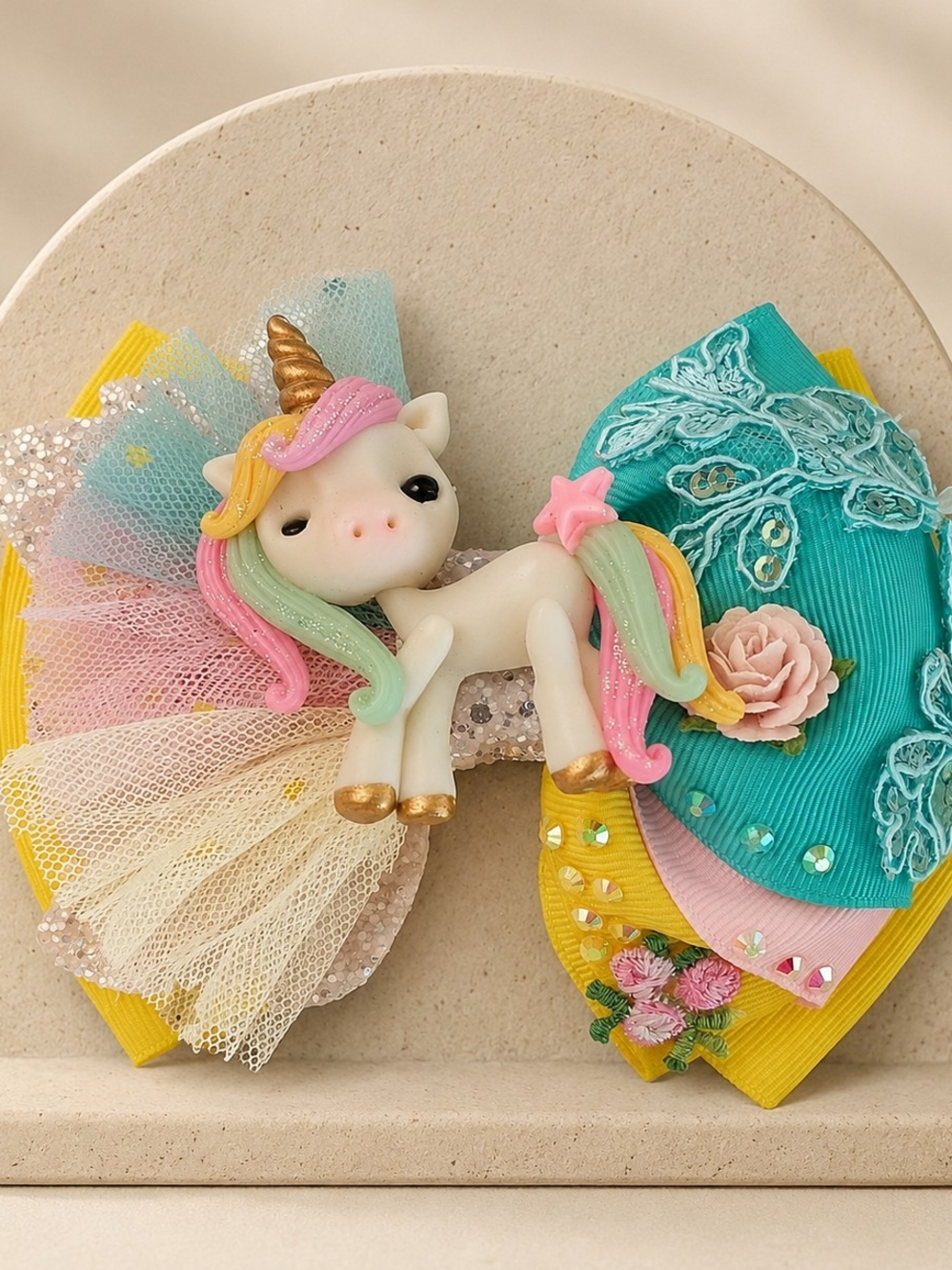 Handmade Unicorn Hair Bow - Pastel Rainbow Boutique Bow.